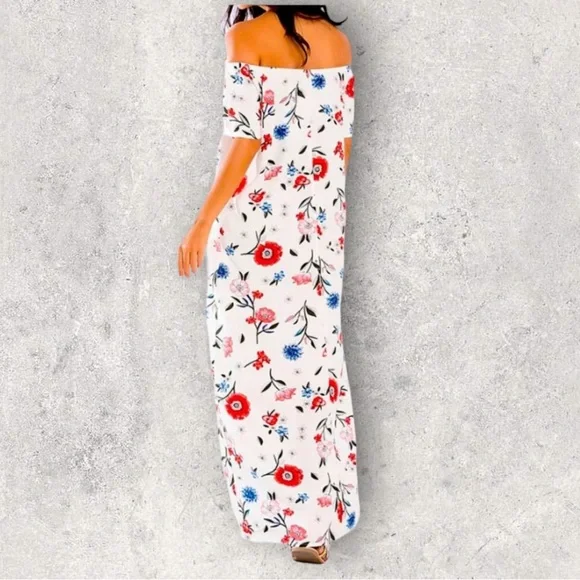 Milan Kiss Women’s Large Floral Off-Shoulder Maxi Dress Lightweight Side Slit - Picture 2 of 7